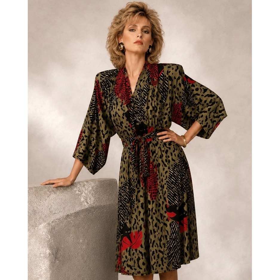 Vintage Gottex Kimono Cardigan L Olive Green Red Animal Tropical Print Israel